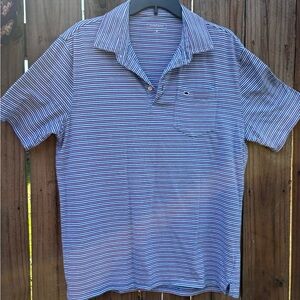 Crown & Ivy Men's Medium Polo Shirt - Blue/White/Pink Stripes